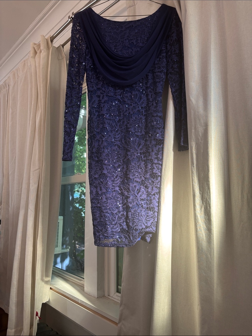 Onyx Nite Navy Lace Sequin Cowl Neck Long Sleeve Dress